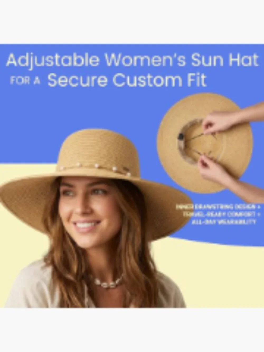 Wide Brim Packable Straw Sun Hat with Pearl Trim, UPF 50+ - Picture 3 of 7